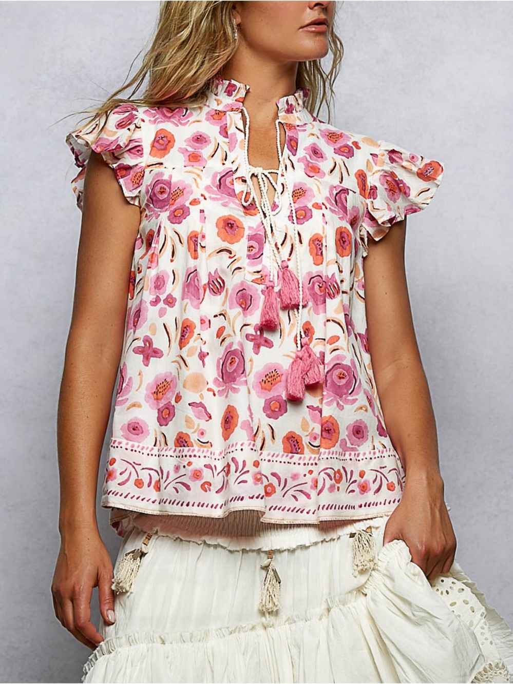 V-Neck Floral Shirred Ruffle Short Sleeve Top
